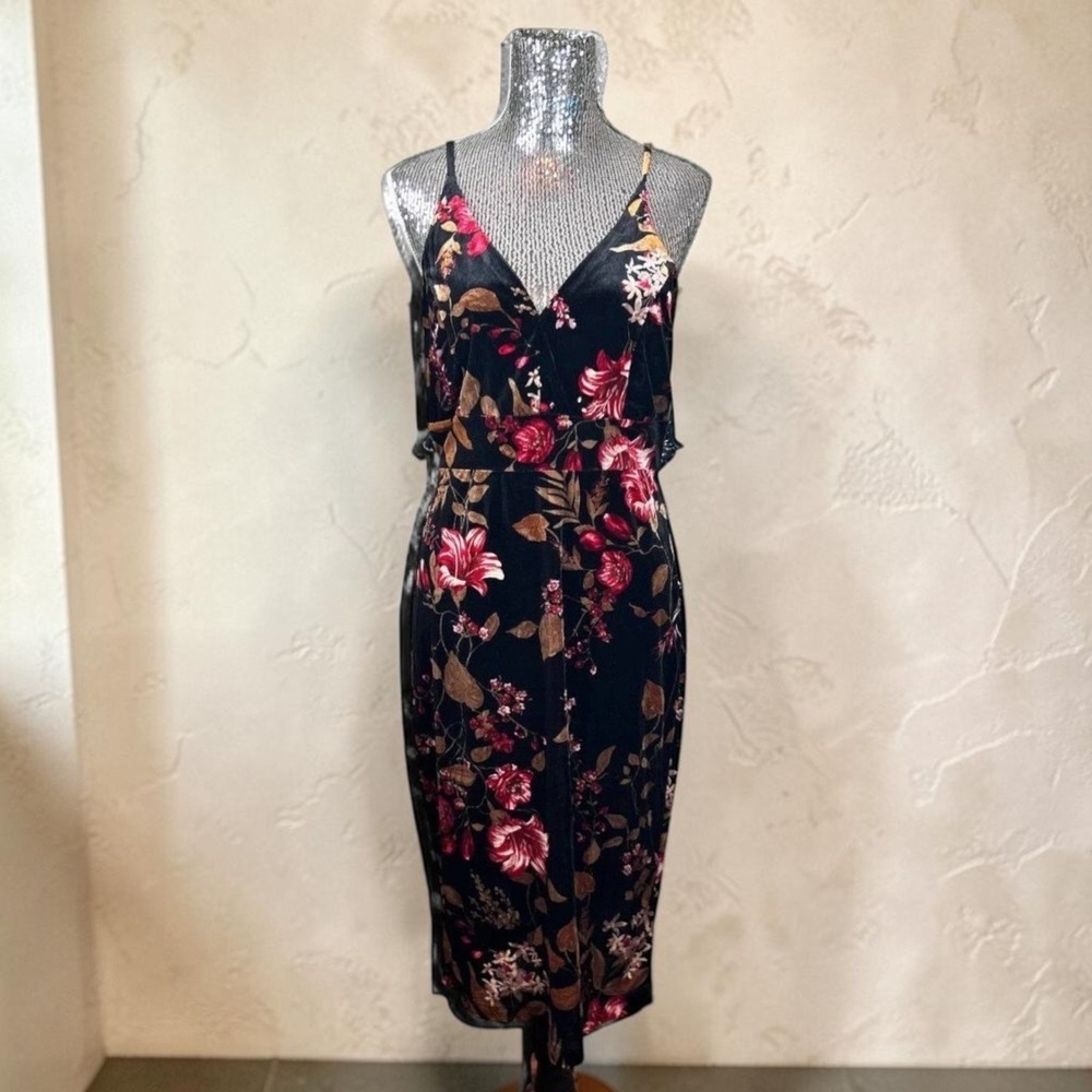 Whimsigoth Black Floral Velvet Midi Dress Spaghetti Strap Backless XS/S Party